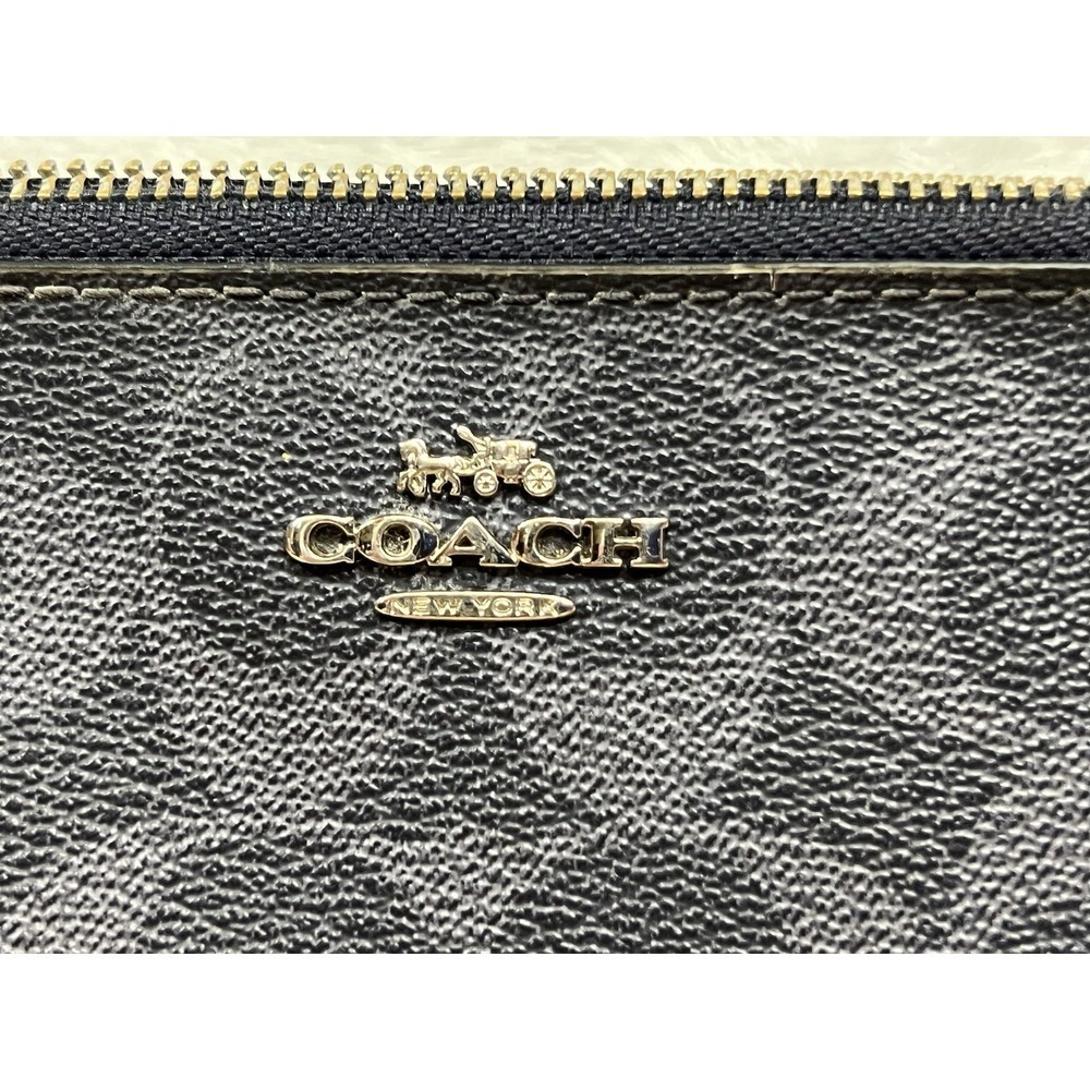 Coach Double Zip Wristlet Wallet Signature Canvas Navy/Black Gold Logo